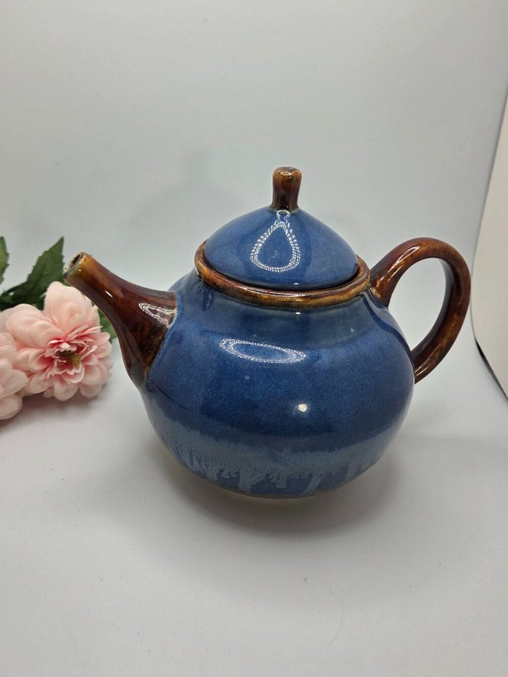 Vintage Blue Glaze Tea Pot Stoneware Teapot  Mid Century